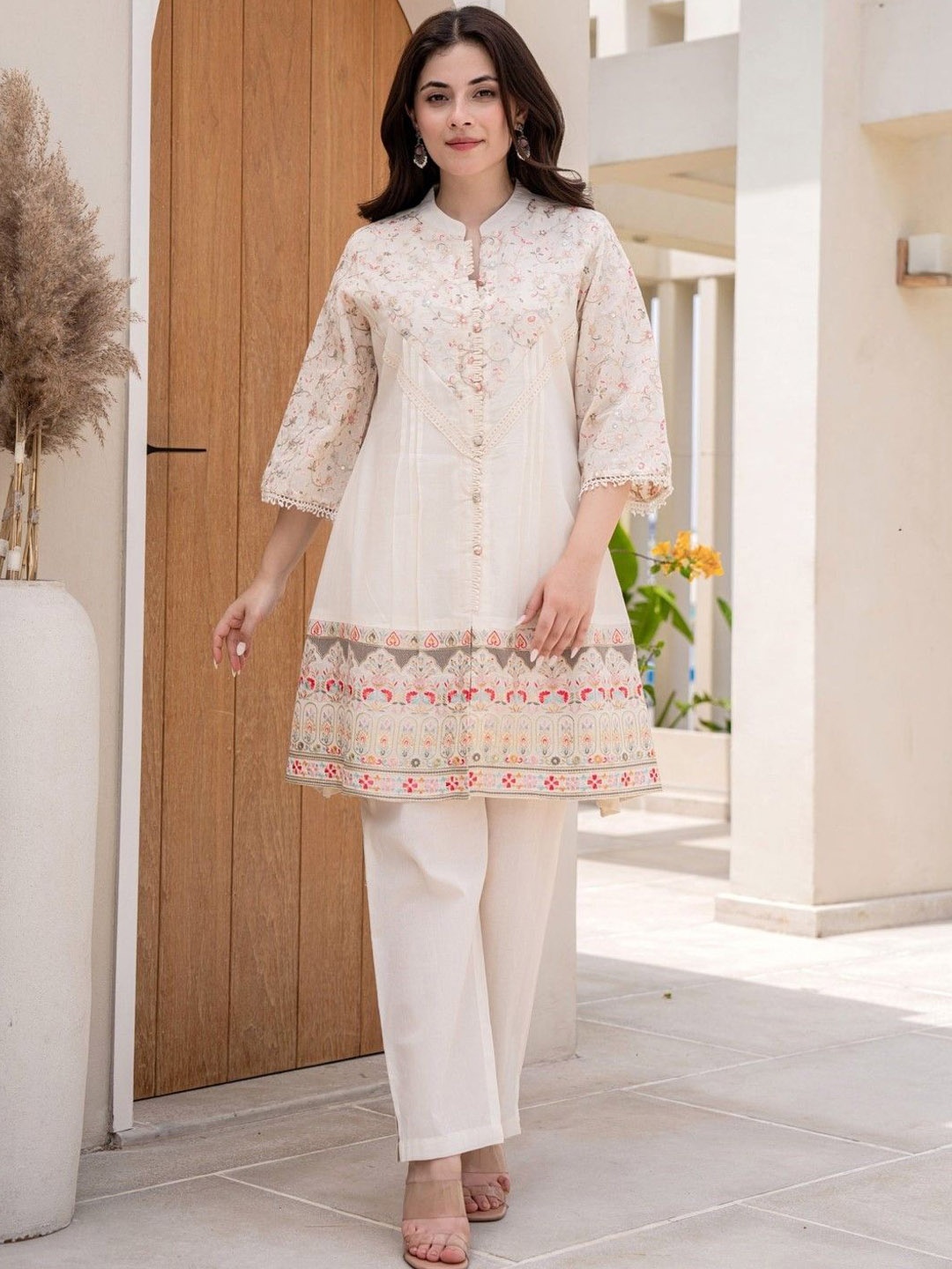 

AUTUMN LANE Floral Embroidered Pure Cotton Top & Trouser Co-Ords, Off white