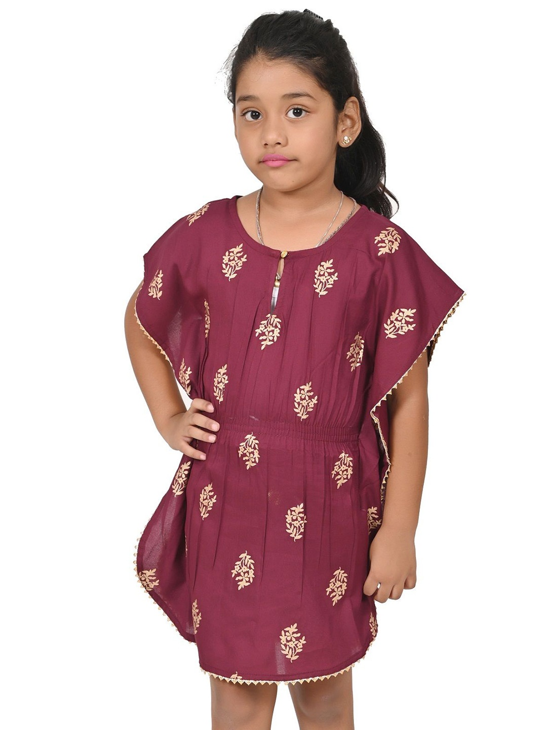 

Cloth Bites Girls Floral Printed Round Neck Top, Maroon