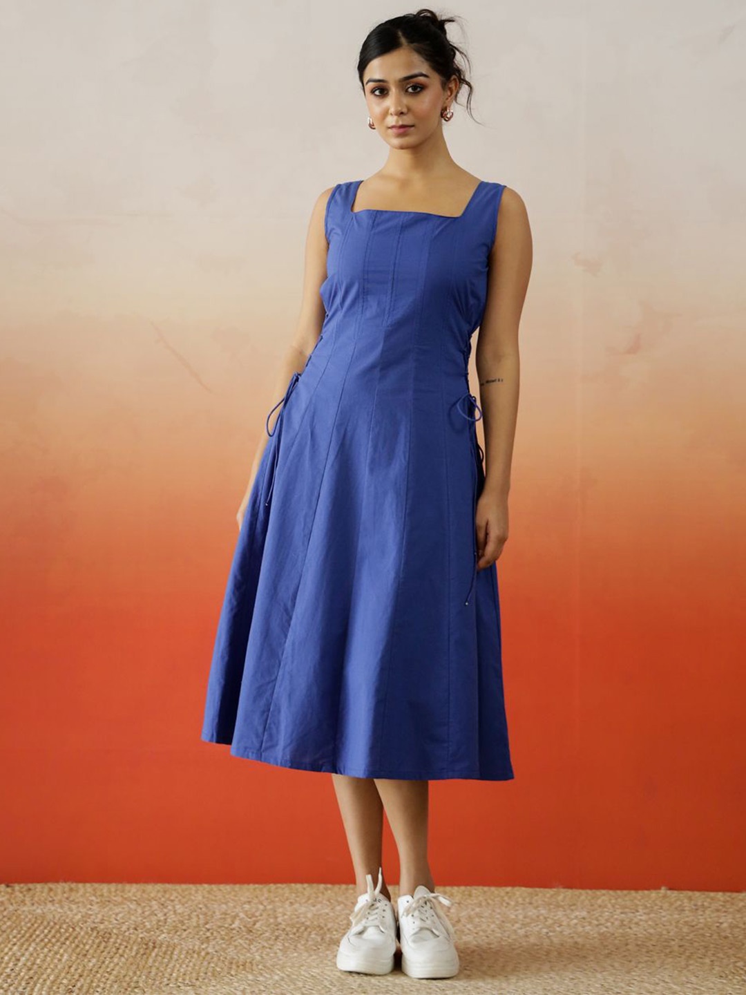 

SANSKRUTIHOMES Solid Cotton Fit & Flare Dress, Blue