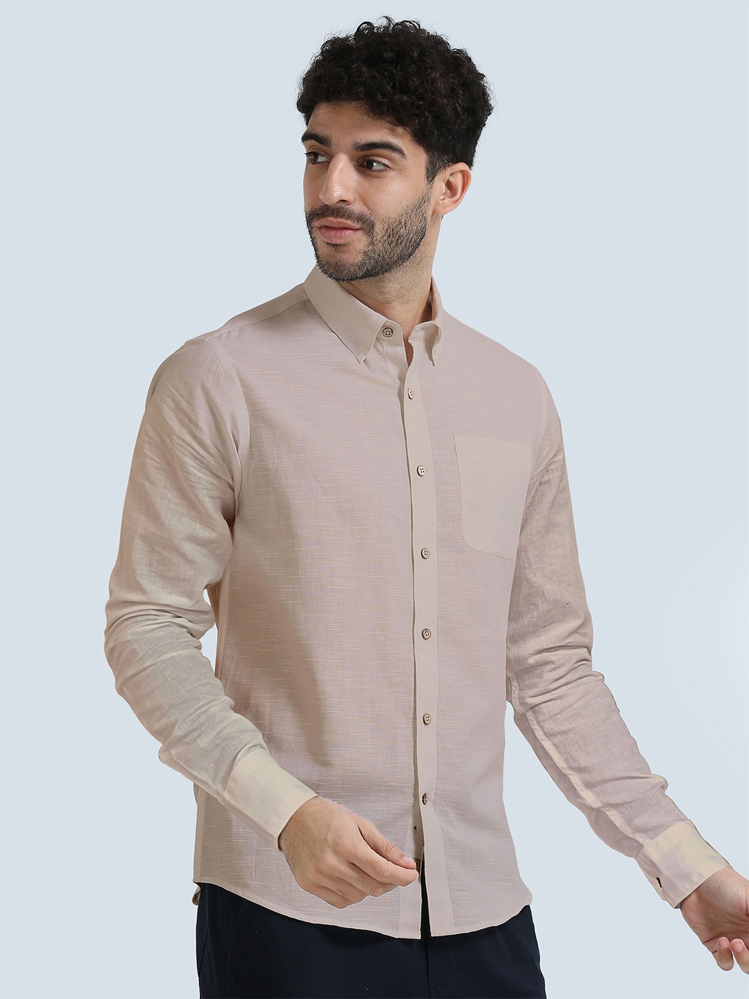 

THE FORMAL CLUB Men Premium Spread Collar Solid Linen Casual Shirt, Rose gold