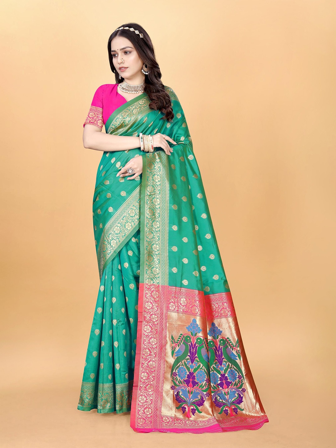 

VenderVilla Woven Design Zari Paithani Saree, Sea green