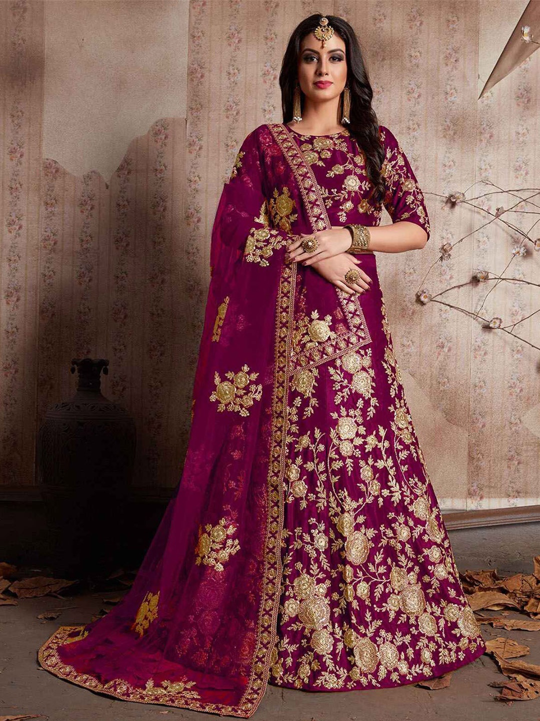 

ODETTE Embroidered Semi-Stitched Lehenga & Blouse With Dupatta, Purple