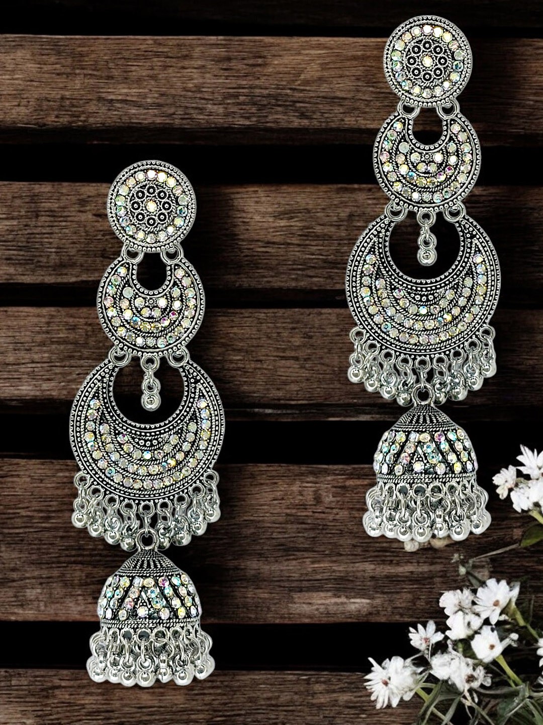 

9blings Silver Plated Cubic Zirconia Studded Crescent Shaped Chandbalis