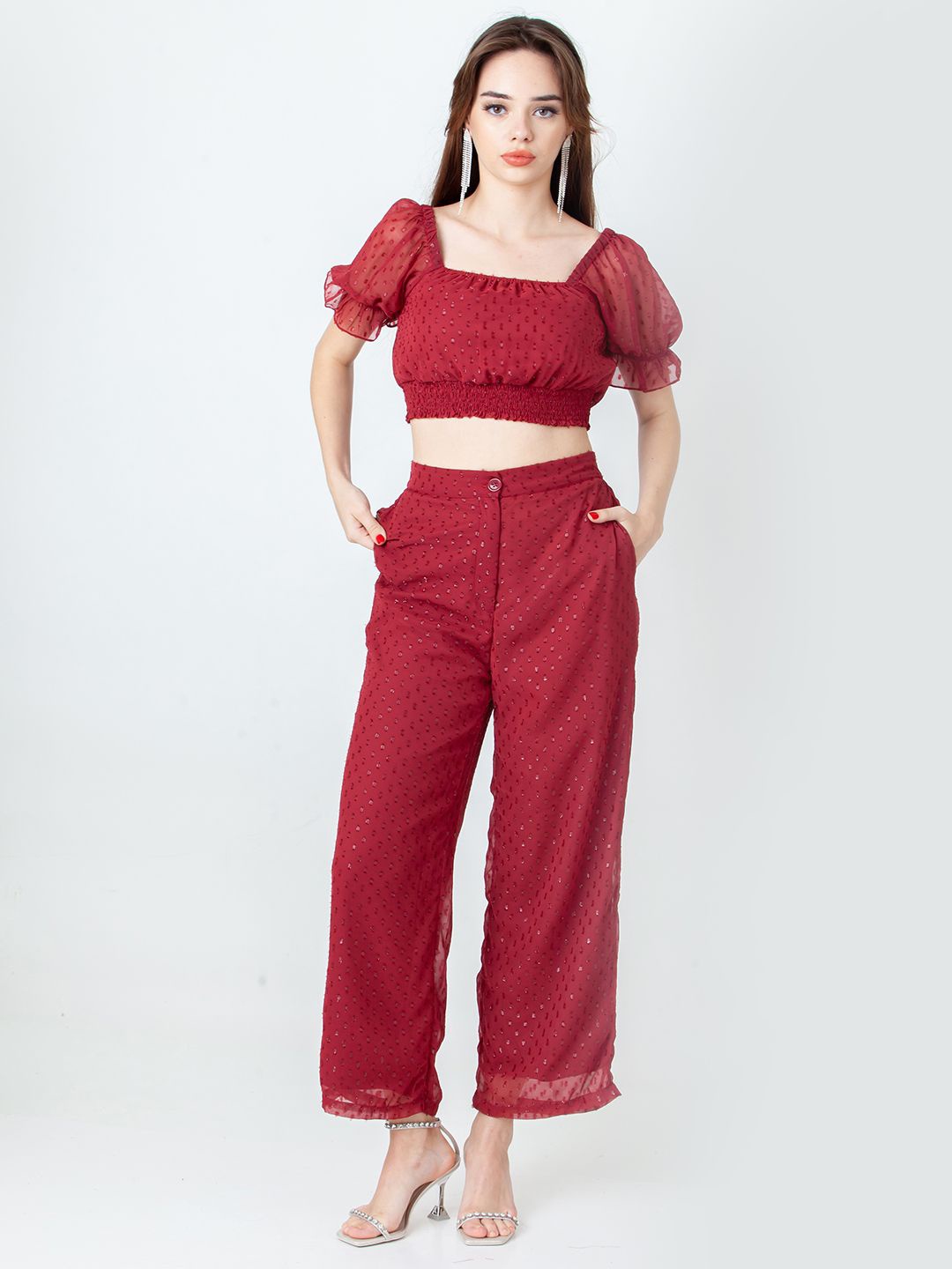 

Zink London Self-Design Crop Top With Palazzos, Maroon