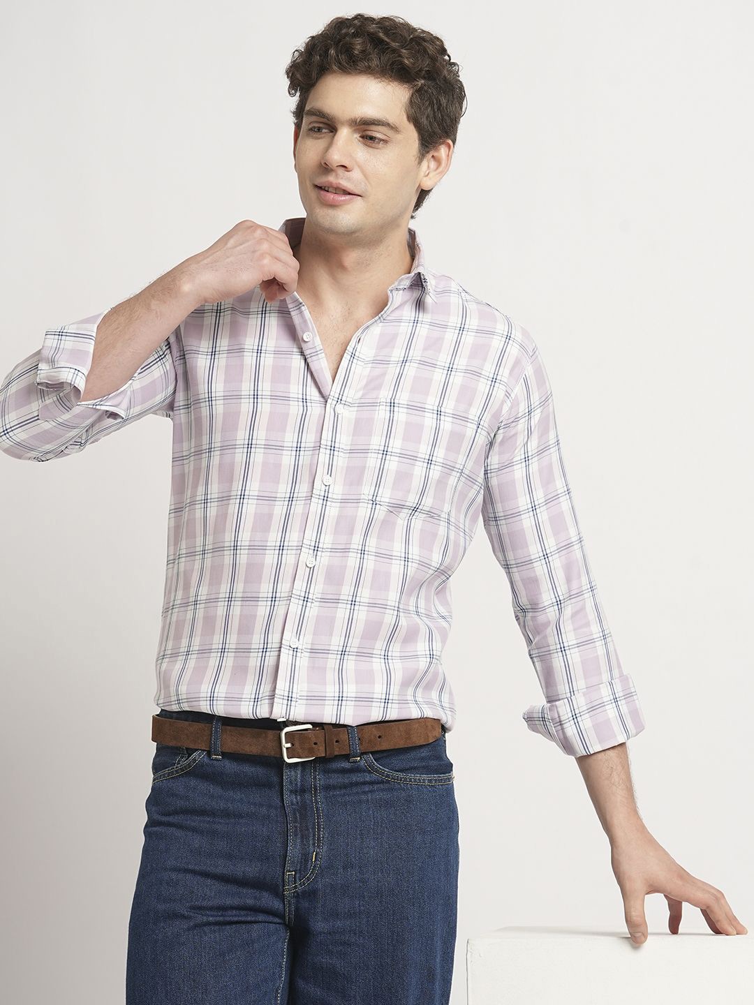 

TRYBUY.IN Men Standard Fit Opaque Checked Cotton Casual Shirt, Lavender