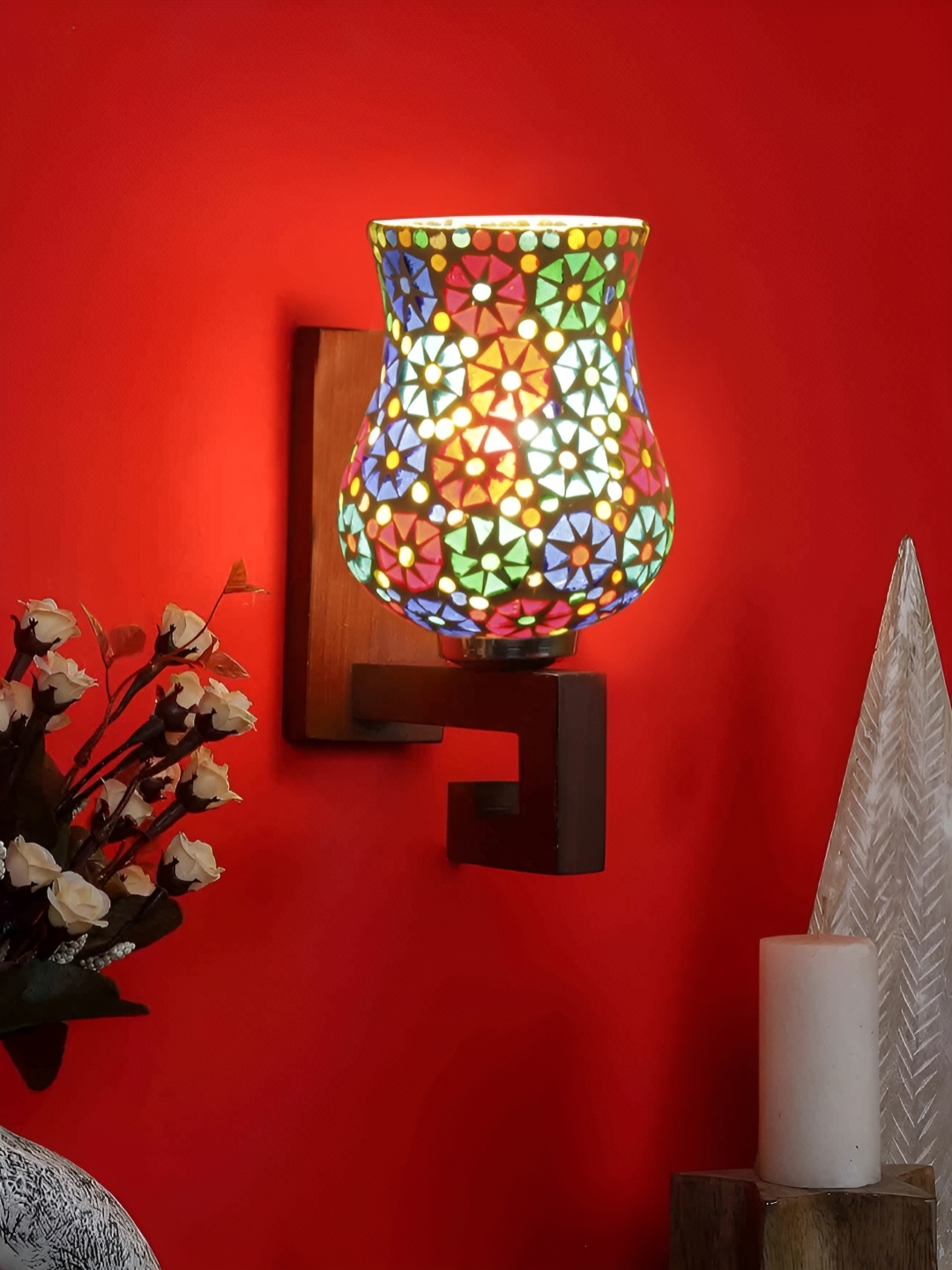 

Devansh White & Blue Printed Wood Traditional Wall Lamp