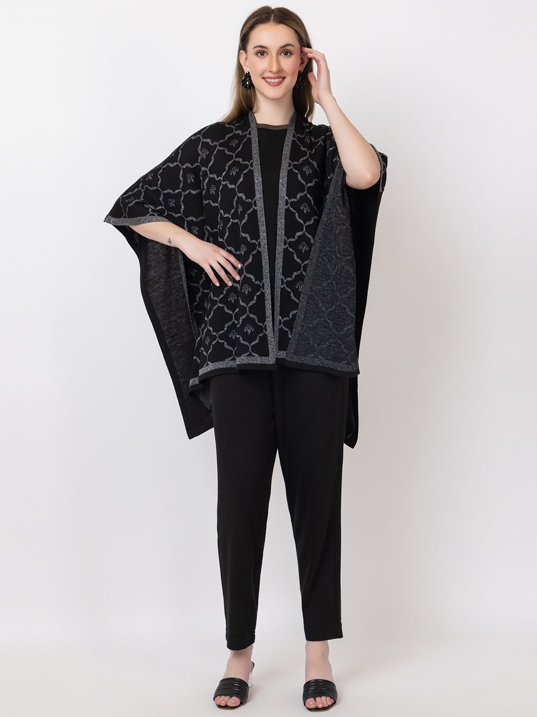 

KEIKO Self Design Open Front Shrug, Black