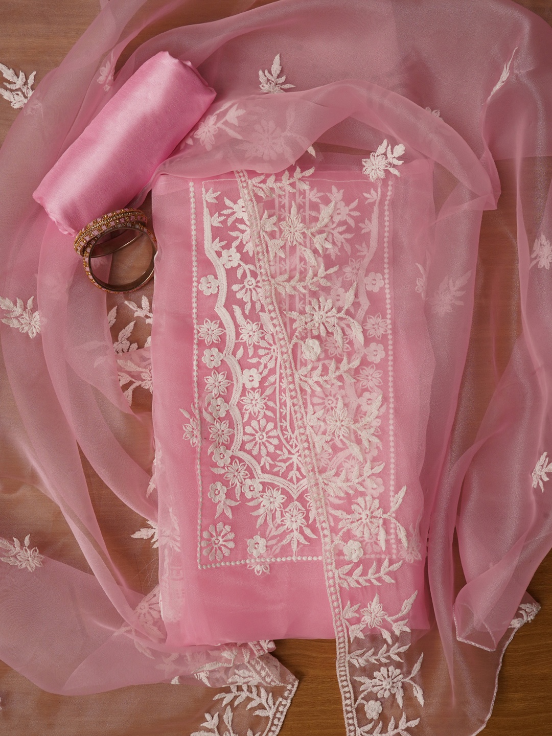 

Jaipur Kurti Women Ethnic Motifs Embroidered Organza Festive Dress Material with Dupatta, Pink