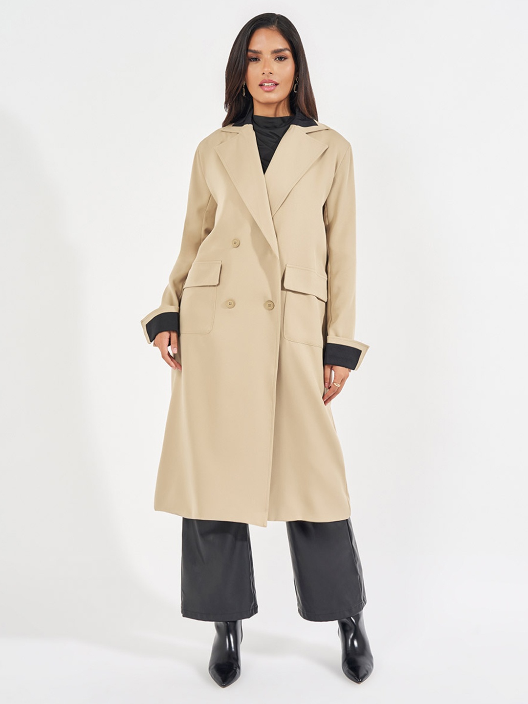 

Styli Women Oversized Fit Midi Double Breasted Trench Coat With Contrast Detail, Beige