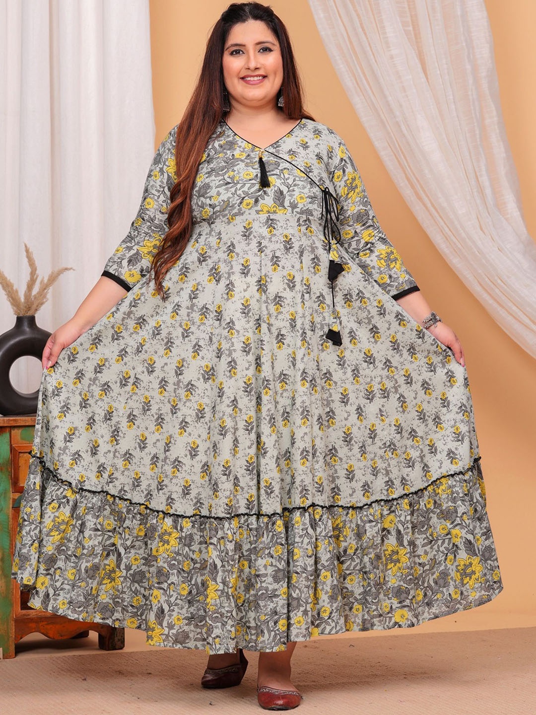 

LABULY Women Plus Size Pure Cotton Ethnic Motifs Printed Anarkali Kurta, Green