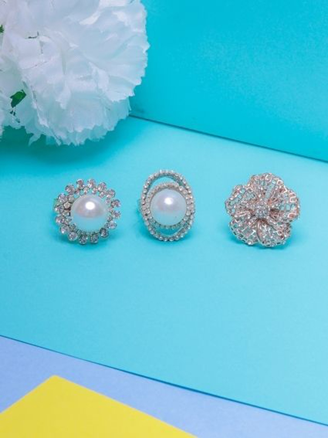 

KPOP Set Of 3 Gold & Silver Plated CZ Stone-Studded & Pearls Beaded Finger Rings