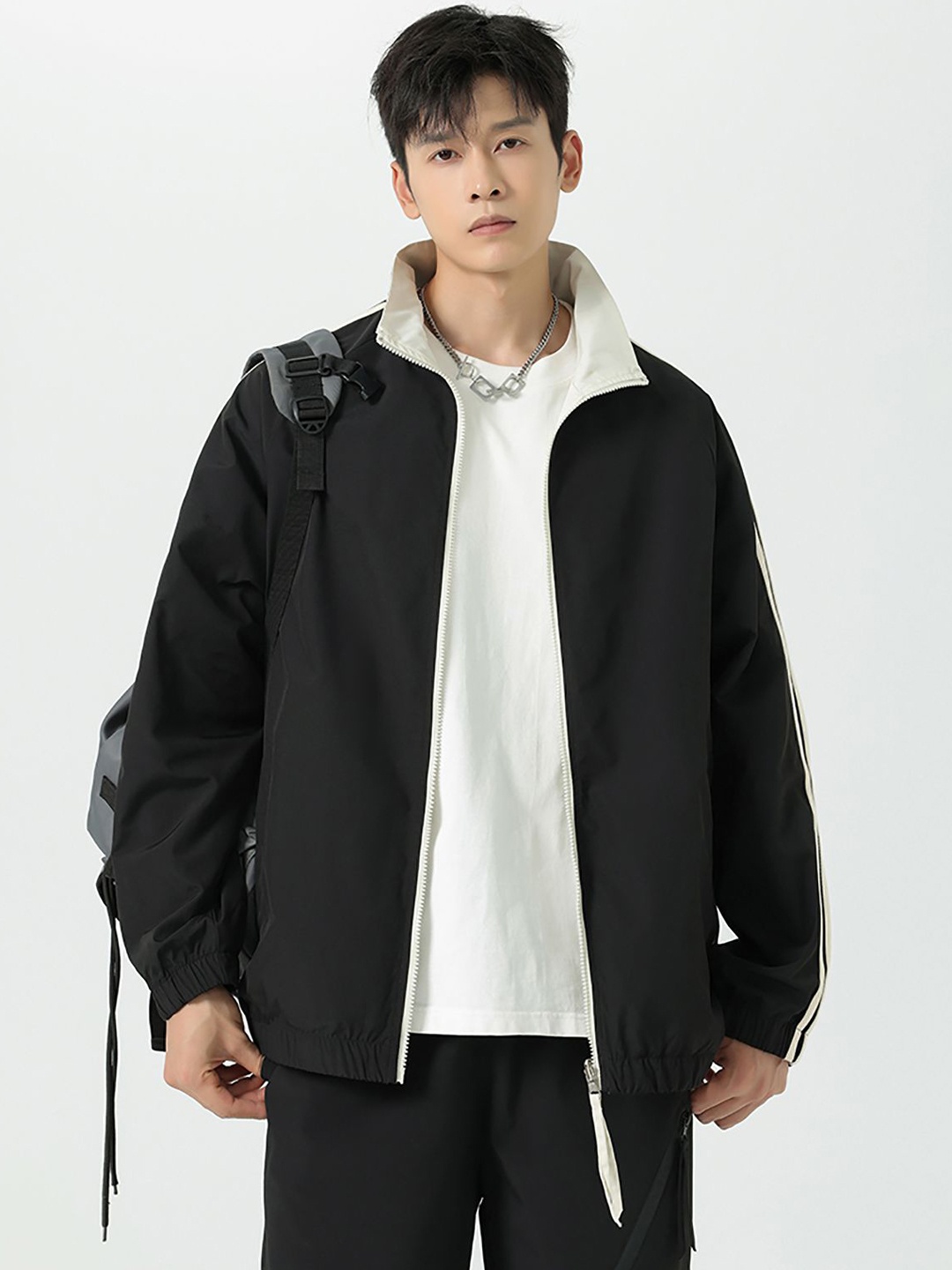

StyleCast x Revolte Men Mock Collar Striped Casual Windcheater Jacket, Black