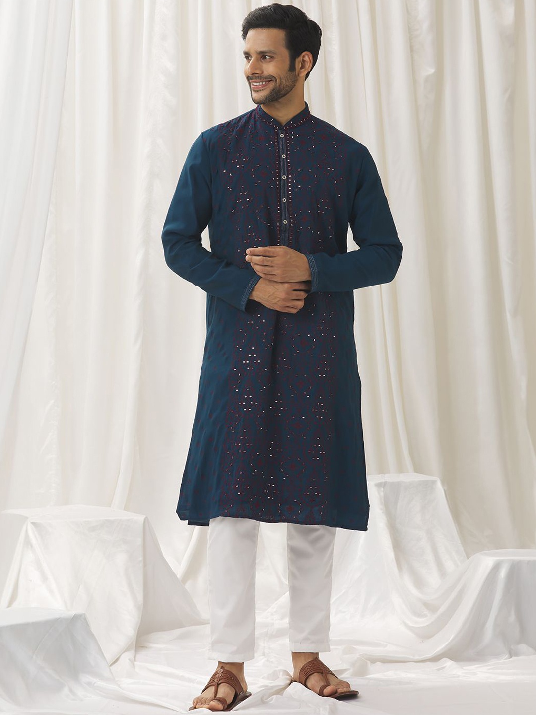 

Alaya Advani Floral Embroidered Mirror Work Silk Cotton Straight Kurta with Trousers, Blue