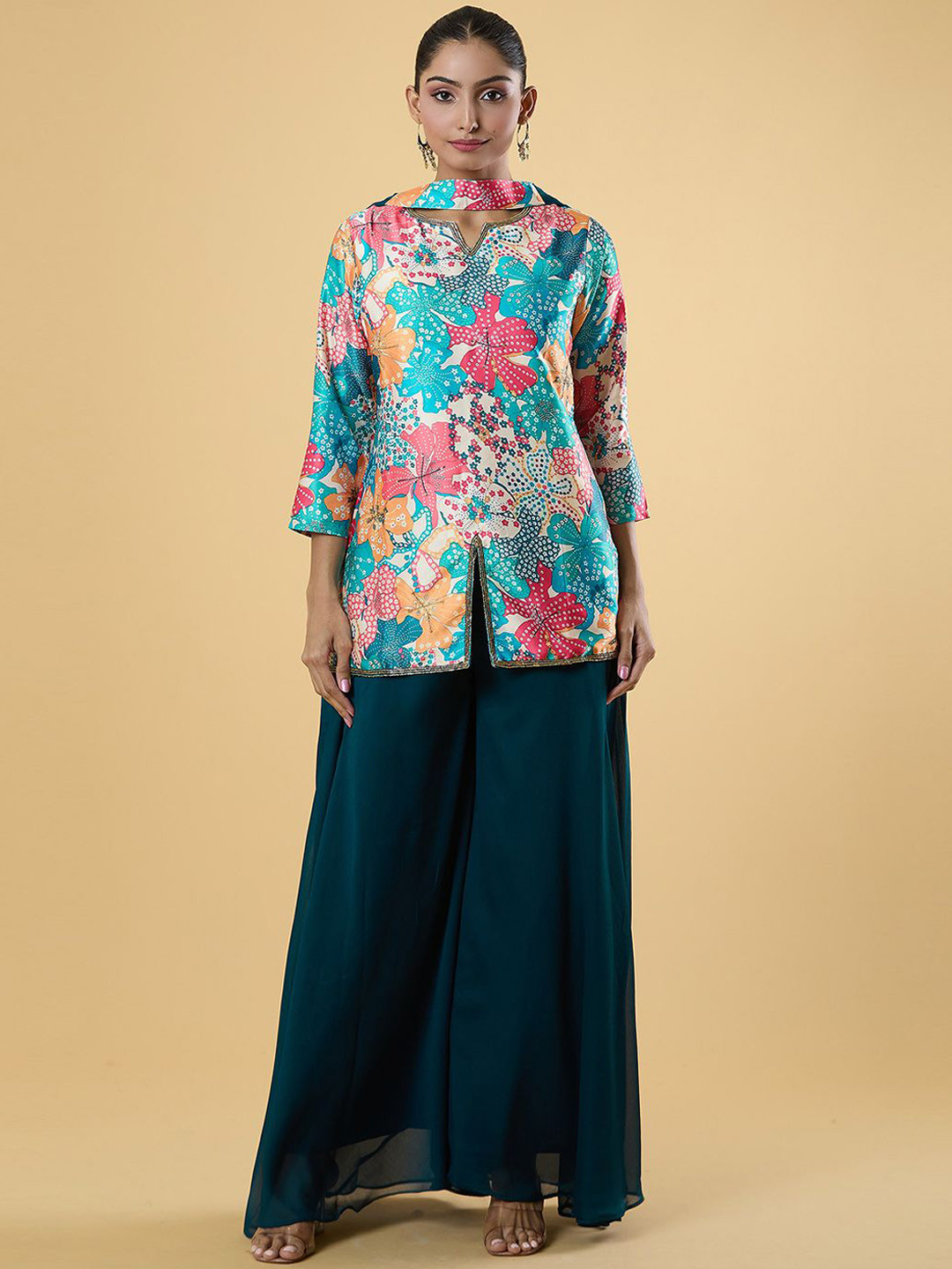 

Samyukta Singhani Floral Printed Straight Kurti With Sharara & Dupatta, Blue