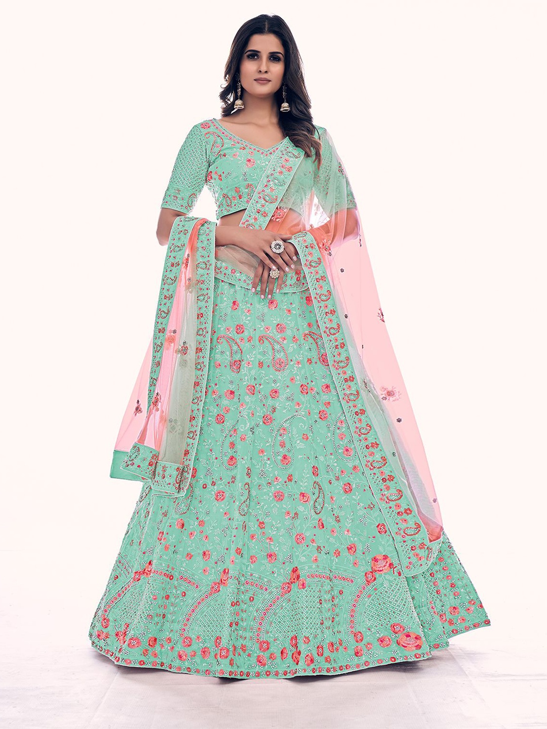 

ODETTE Embroidered Semi-Stitched Lehenga & Blouse With Dupatta, Sea green