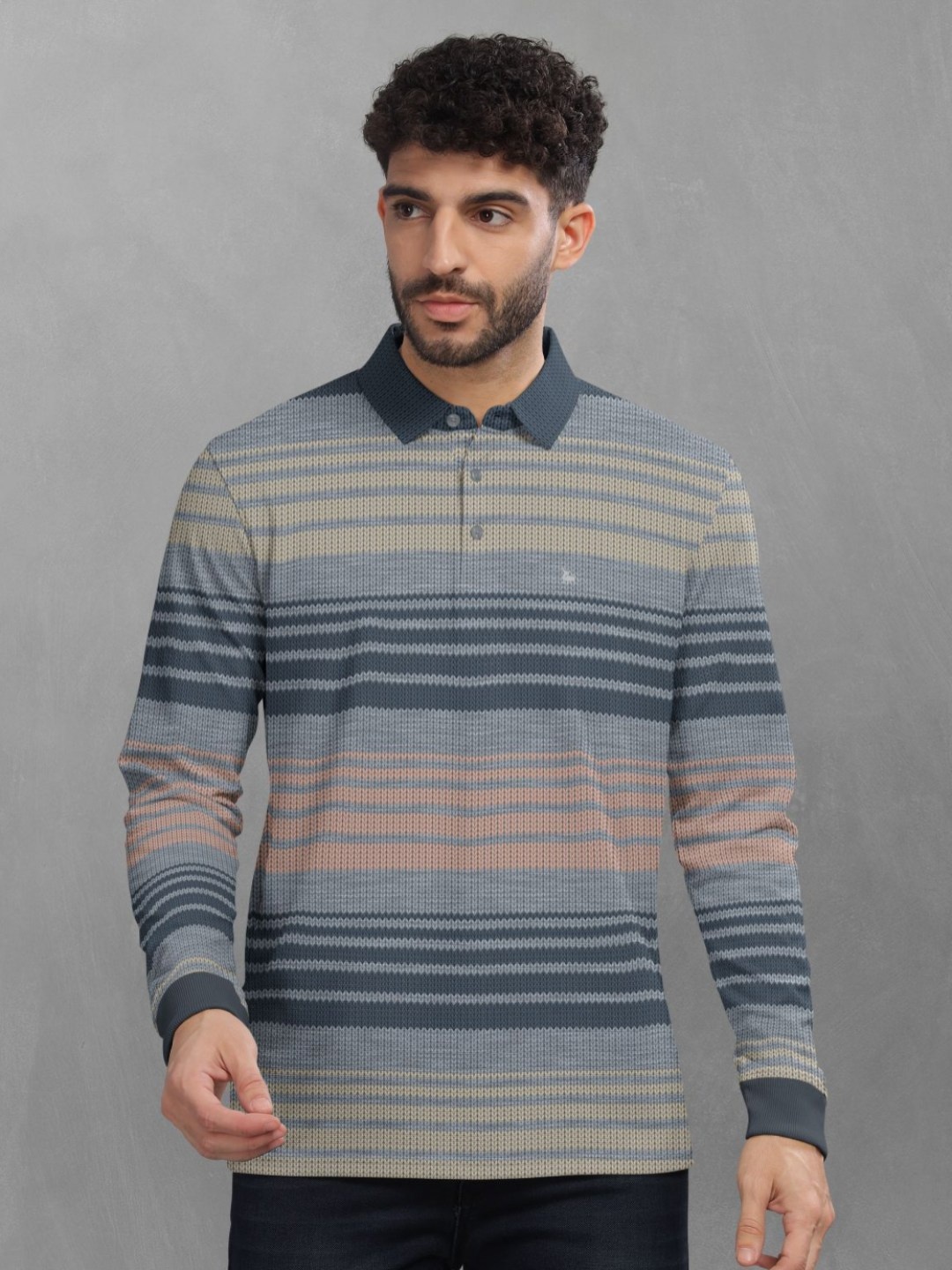 

BULLMER Men Striped Polo Collar T-shirt, Grey