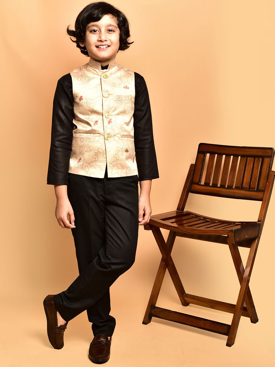 

PRINTCULTR Boys Printed Satin Nehru Jackets, Beige