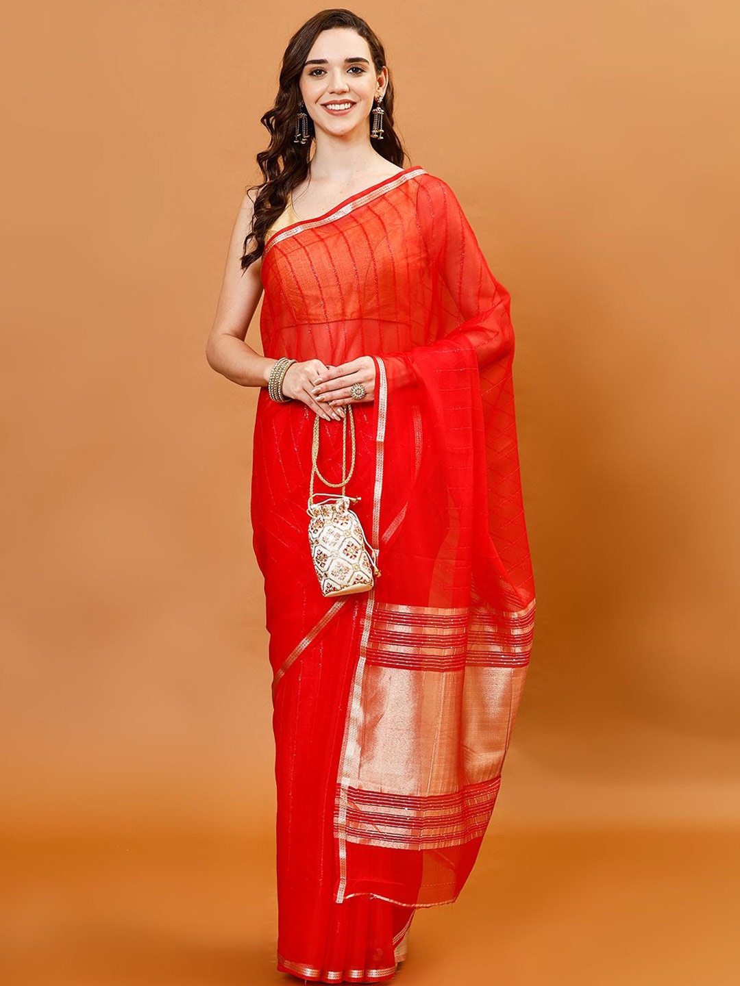 

Meena Bazaar Sequin Stripes Woven Design Organza Saree, Red