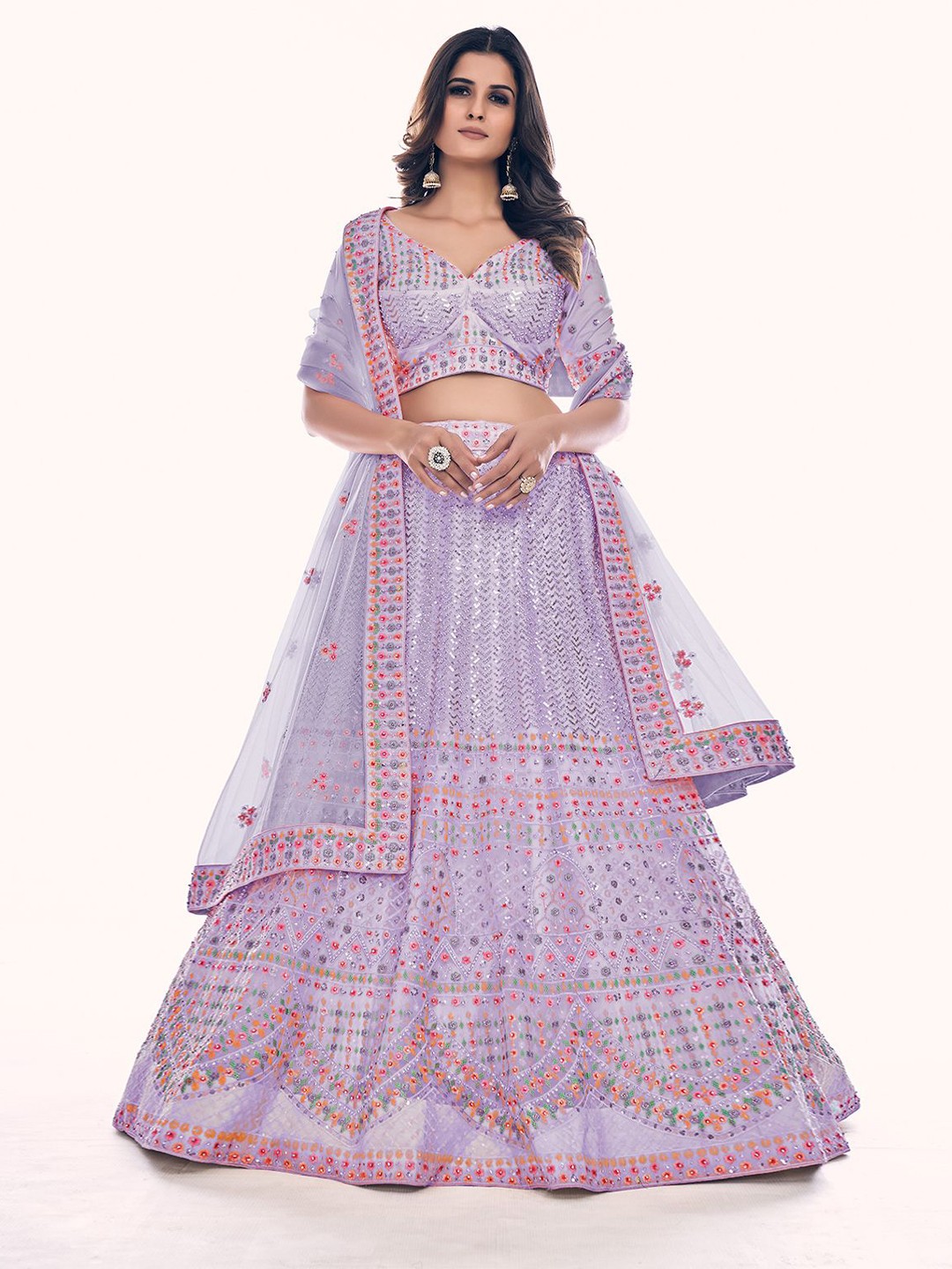 

ODETTE Embroidered Semi-Stitched Lehenga & Blouse With Dupatta, Lavender