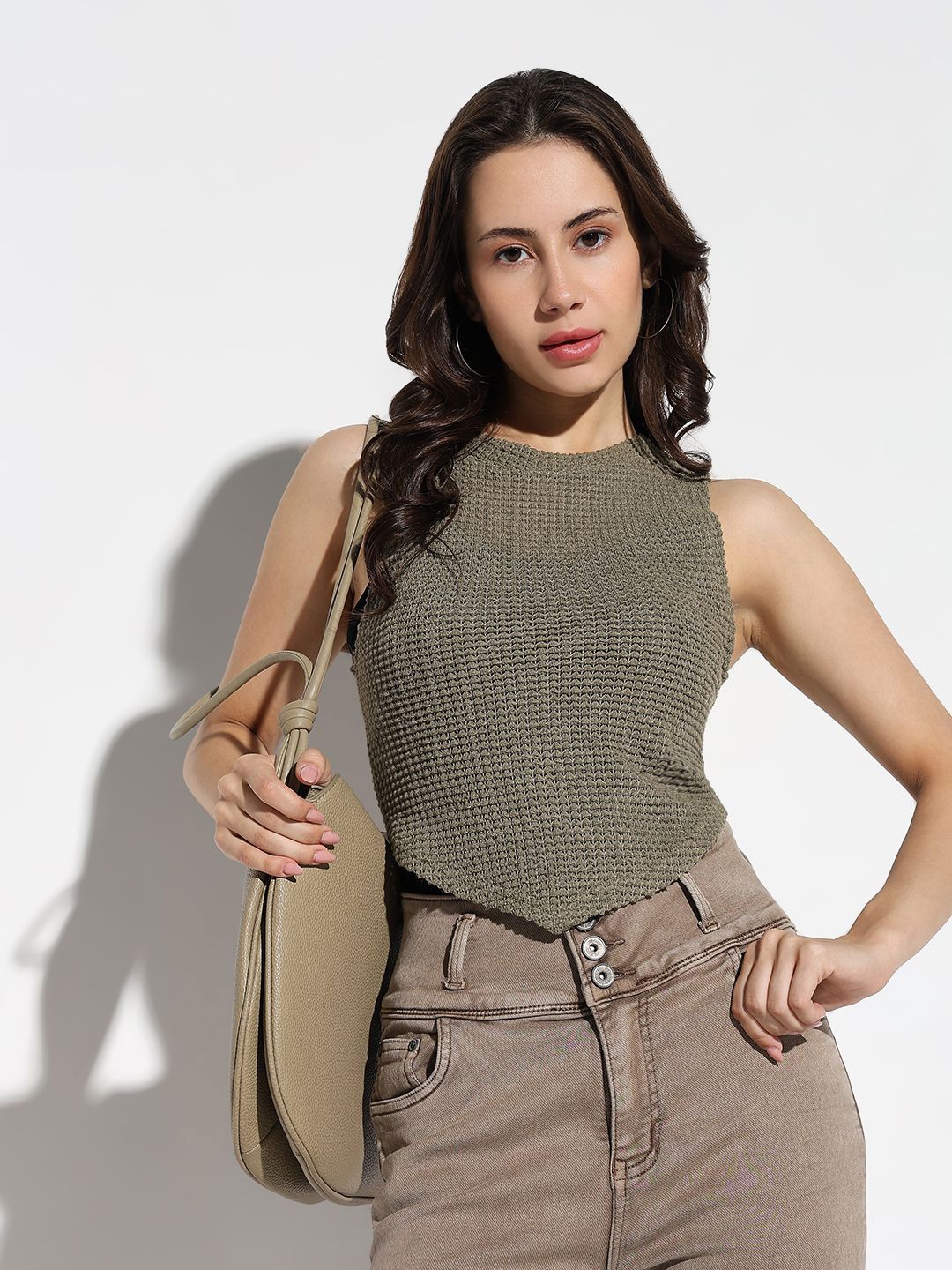 

SHOWOFF Women Self Design Round Neck Acrylic Top, Green