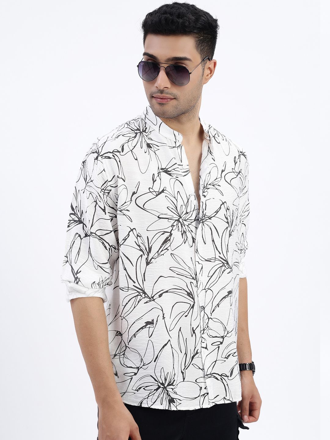 

SHOWOFF Men Premium Mandarin Collar Floral Printed Cotton Slim Fit Casual Shirt, White