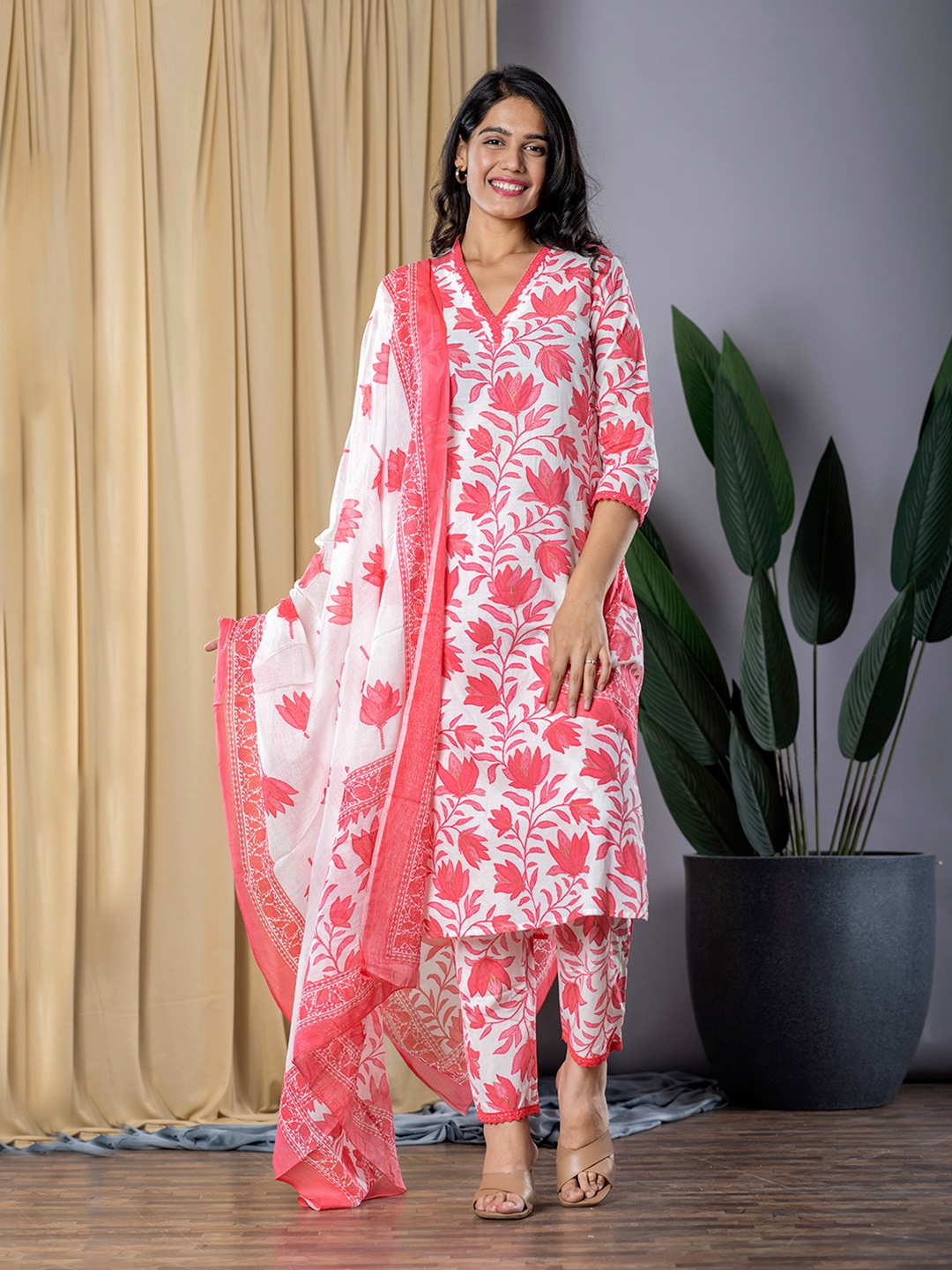 

KALINI Floral Printed Pure Cotton Straight Kurta With Trousers & Dupatta, Red