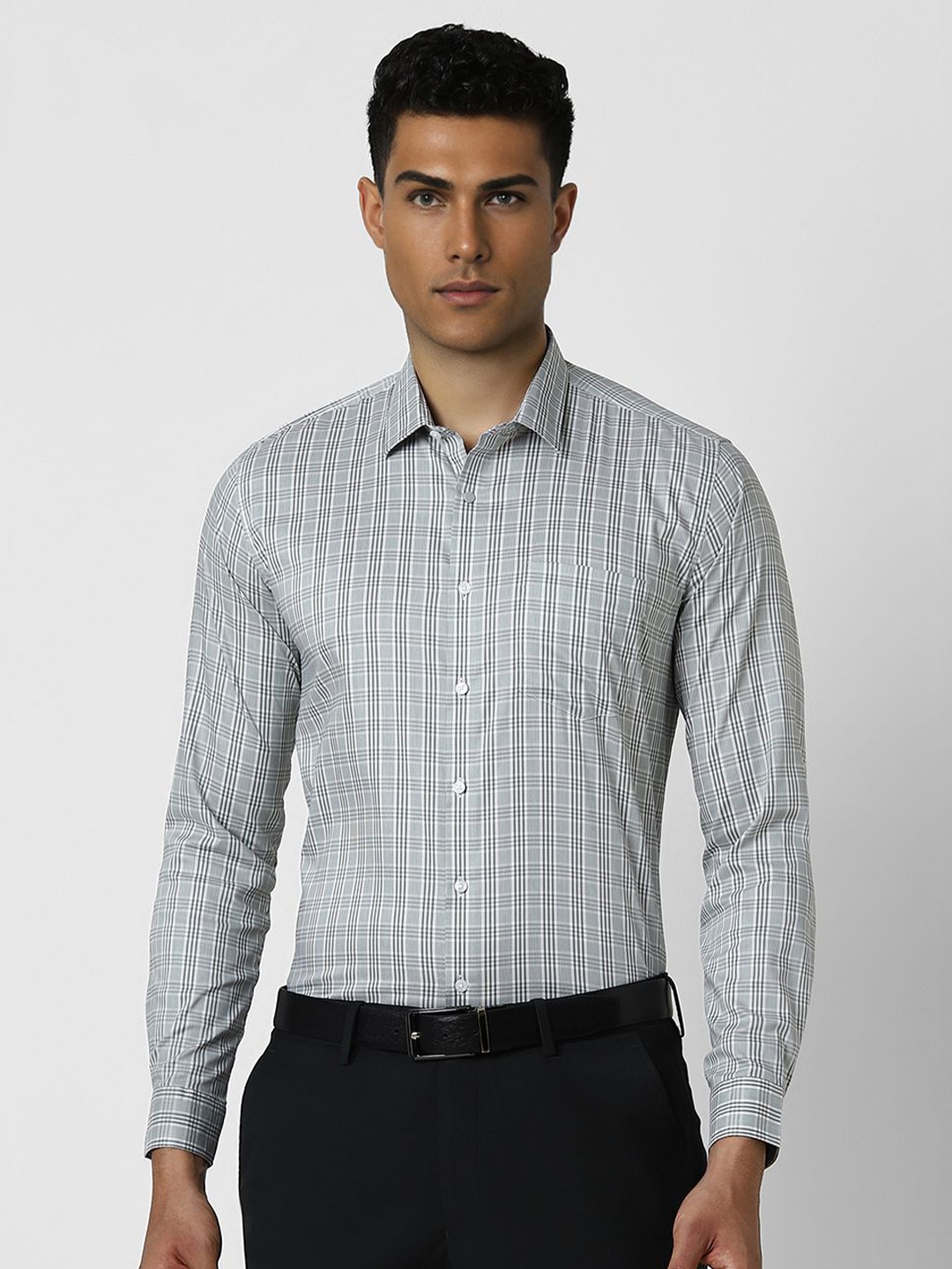 

Van Heusen Men Spread Collar Tartan Checked Cotton Slim Fit Formal Shirt, Grey