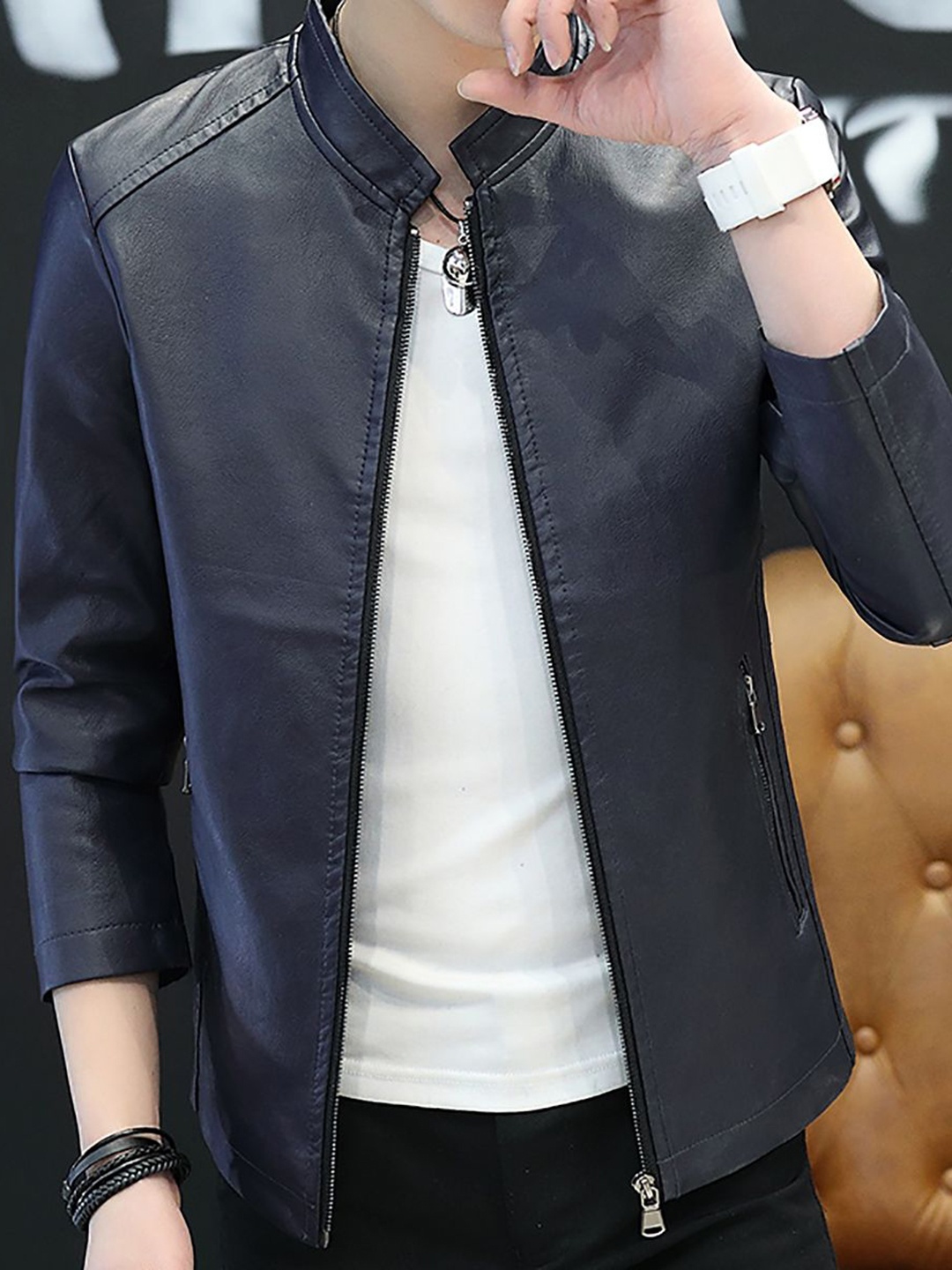

StyleCast x Revolte Men Mandarin Collar Solid PU Casual Windcheater Jacket, Black
