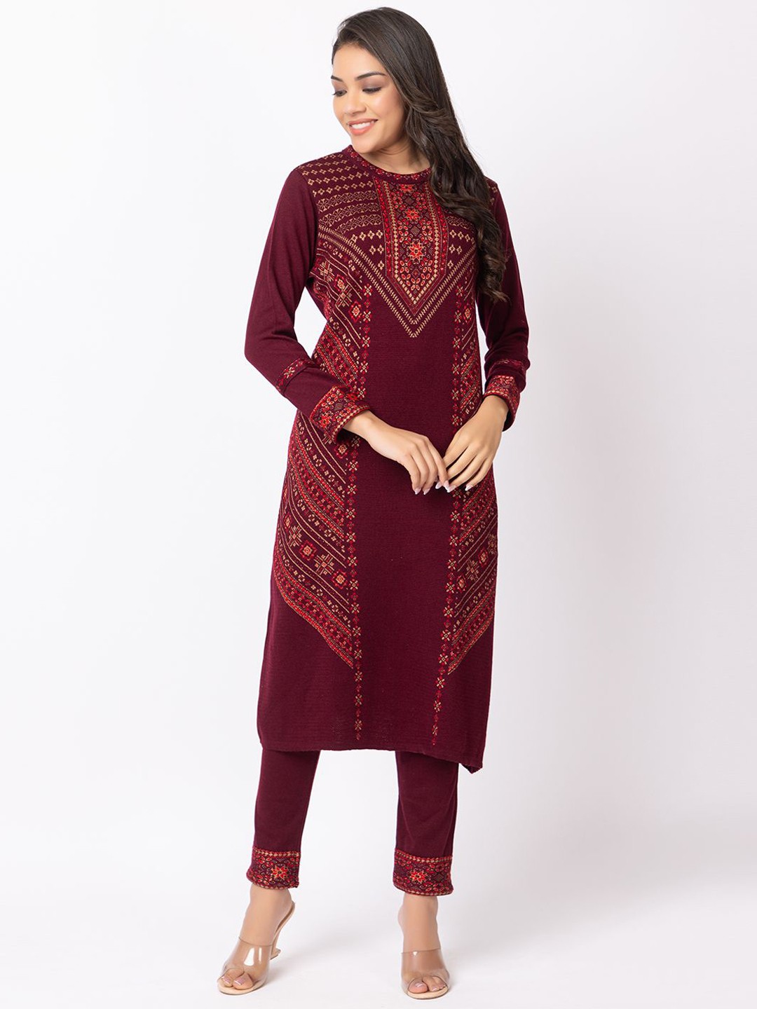 

KEIKO Ethnic Motifs Printed A Line Kurta with Trousers, Maroon