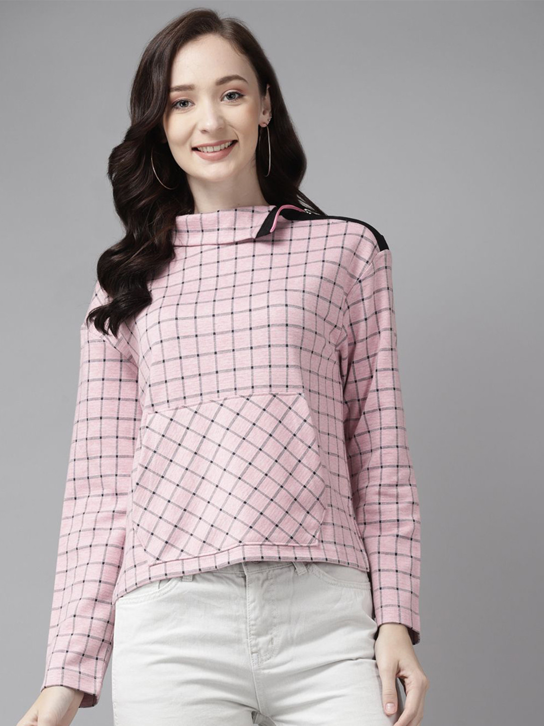 

Cayman Women Checked Turtle Neck Cotton Pullover Sweatshirt, Pink