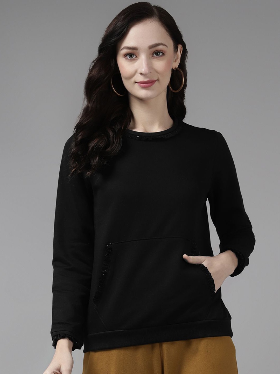 

Cayman Women Solid Round Neck Cotton Pullover Sweatshirt, Black