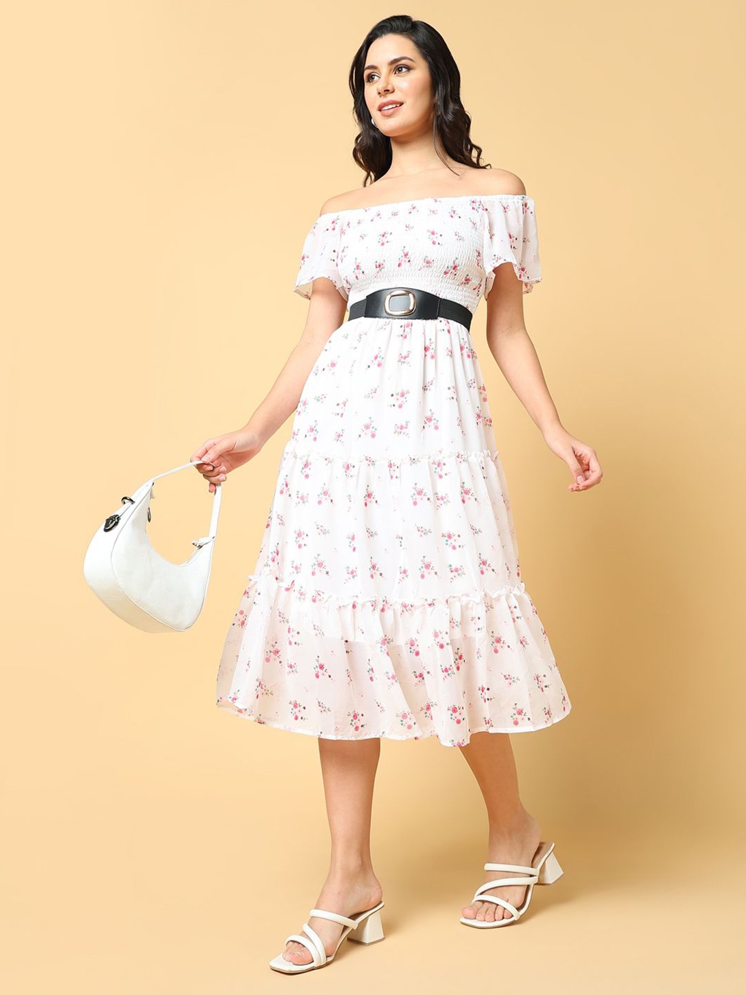 

SHOWOFF Women Floral Print Off-Shoulder Flared Sleeve Georgette Fit & Flare Midi Dress, White