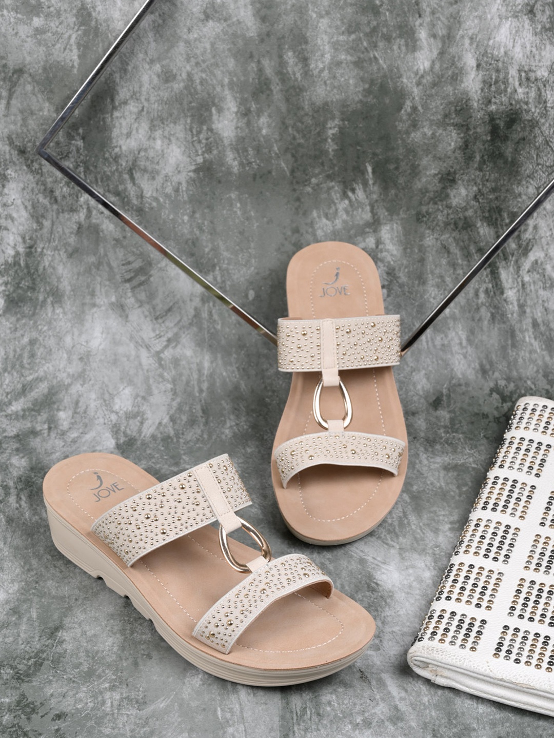 

Jove Women Embellished Open Toe Flats, Beige