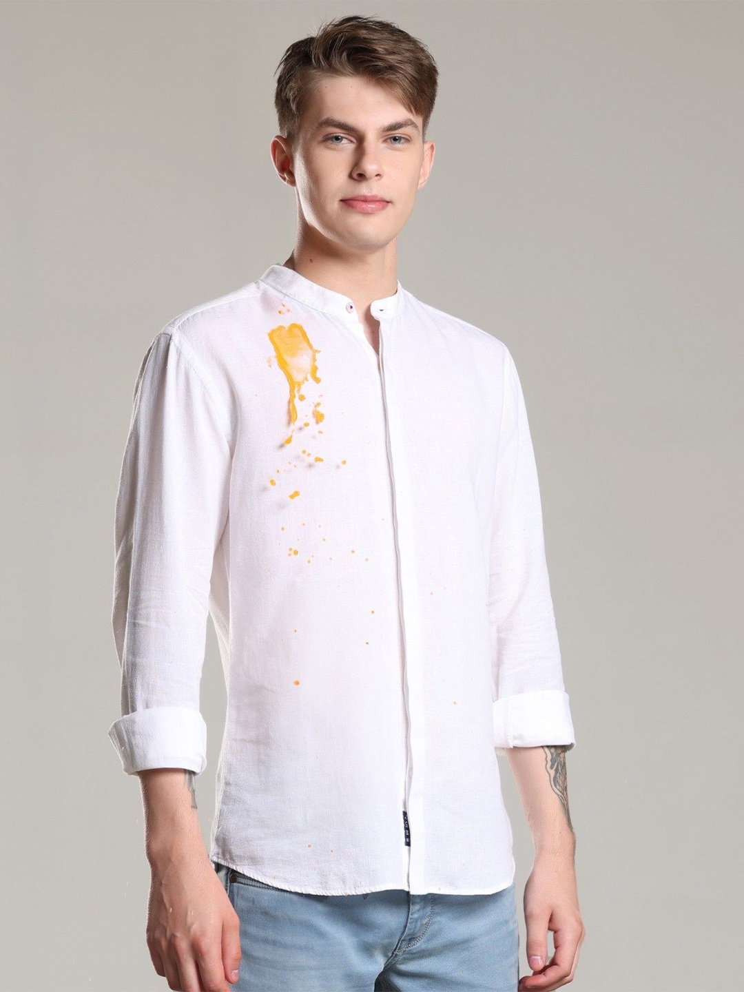 

TURMS Anti Stain Anti Odor Water Repellent Mandarin Collar Cotton Rich Linen Shirt, White