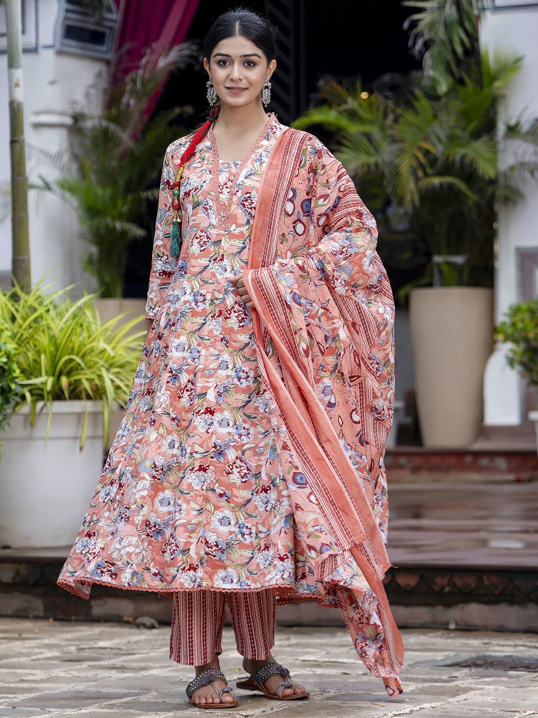 

PARTHVI Floral Printed Anarkali Kurta With Trousers & Dupatta, Peach