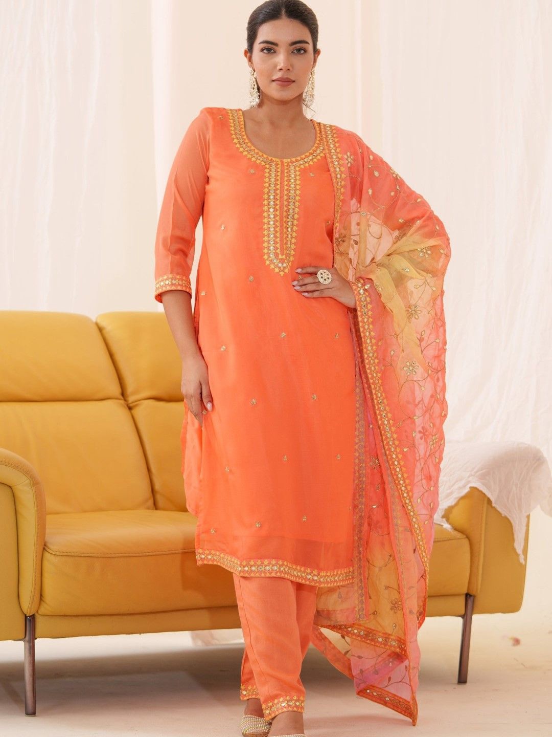 

AUTUMN LANE Floral Zari Embroidered Straight Kurta with Trouser & Dupatta, Orange