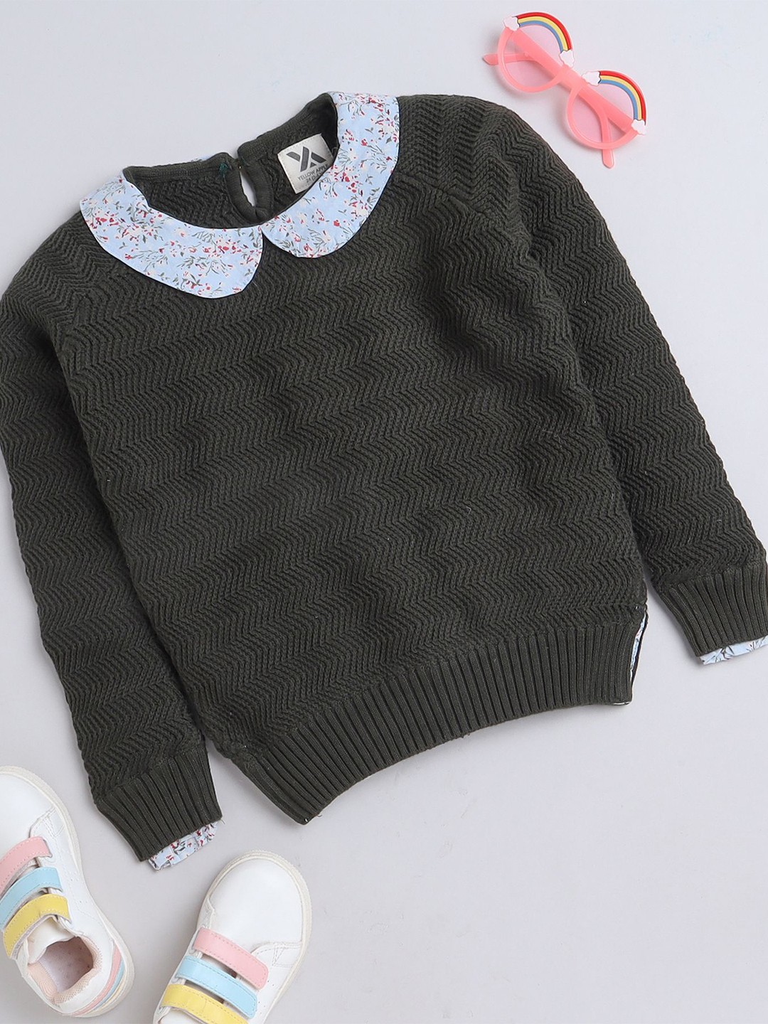 

Yellow Apple Girls Ribbed Self Design Peter Pan Collar Wool Pullover Ribbed Sweater, Olive