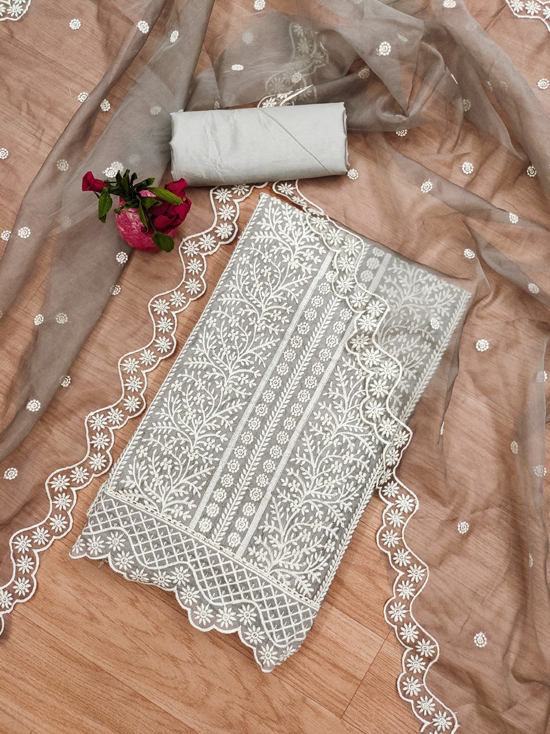 

KALINI Embroidered Unstitched Dress Material, Grey