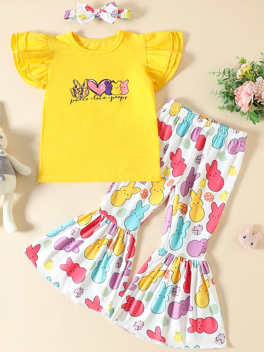 

LULU & SKY Girls Printed T-shirt with Palazzos & Hairband, Yellow