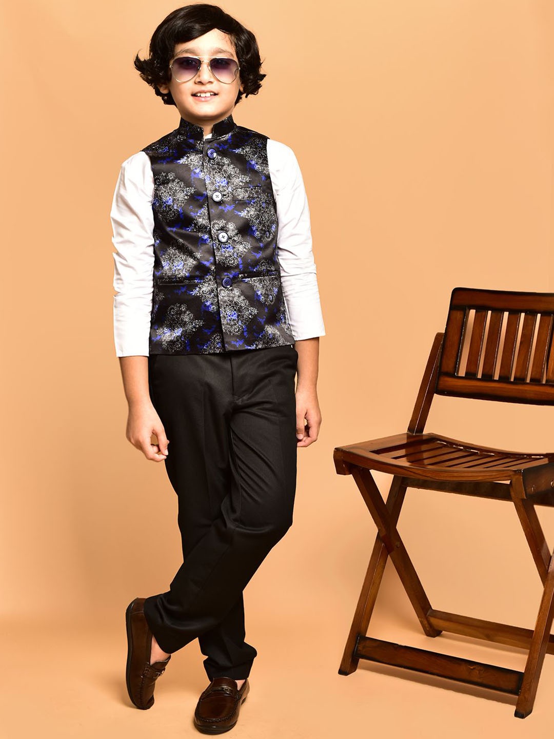 

PRINTCULTR Boys Printed Satin Nehru Jackets, Black