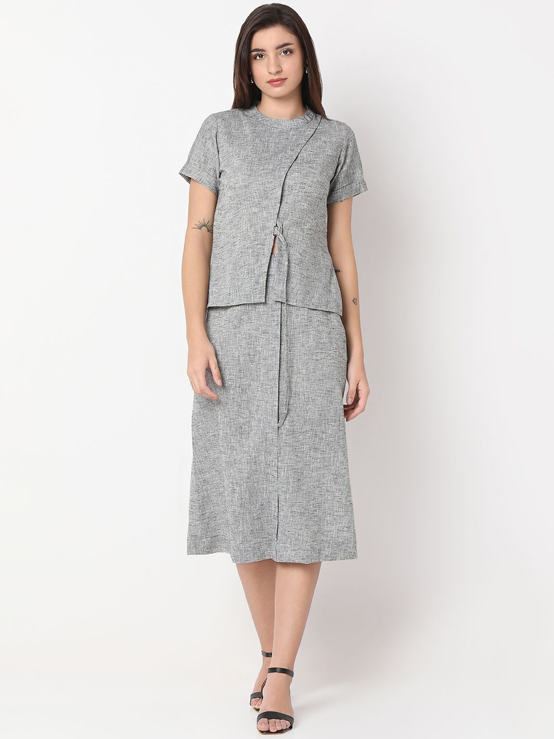 

NOT SO PINK Round Neck Short Sleeves Pure Cotton Top & Skirt, Grey