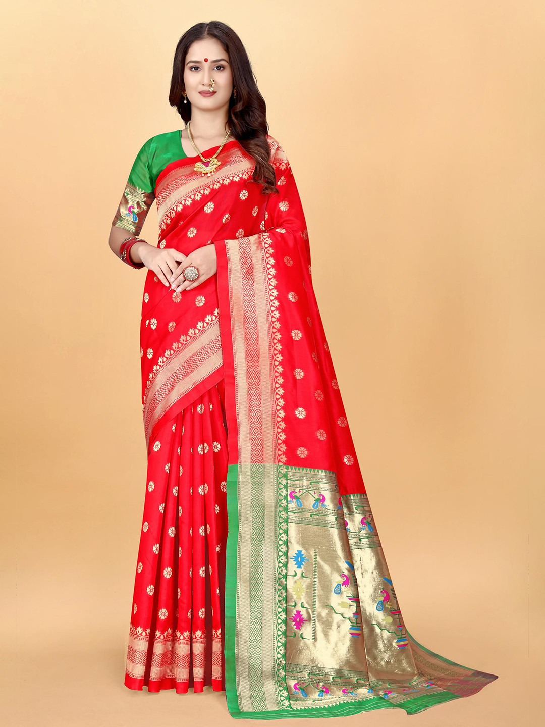 

VenderVilla Woven Design Zari Paithani Saree, Red