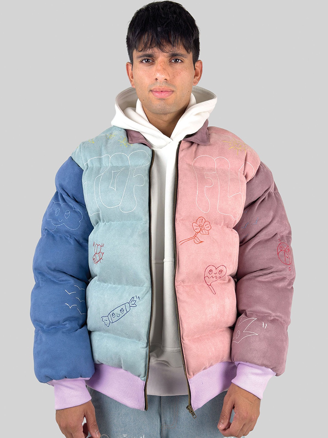 

TOFFLE Unisex Spread Collar Colourblocked Suede Casual Puffer Jacket, Blue