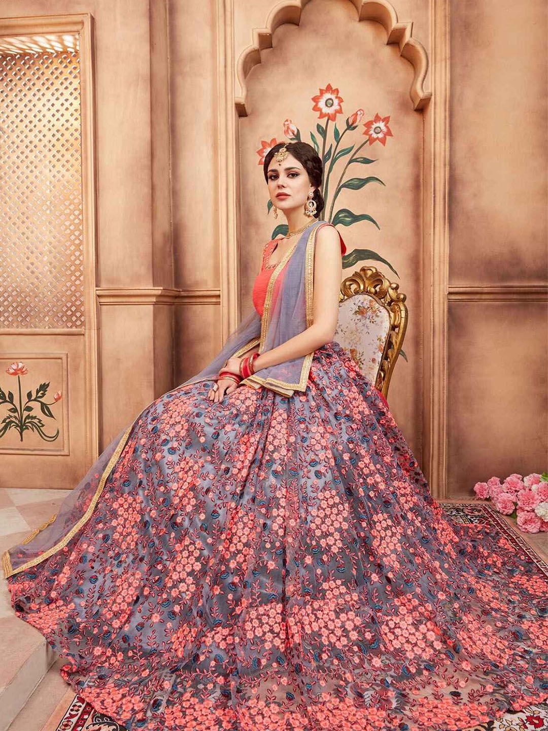 

ODETTE Embroidered Zari Work Net Semi-Stitched Lehenga & Blouse With Dupatta, Grey