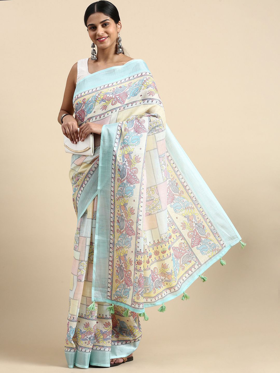

AWRIYA Floral Pure Linen Saree, Green