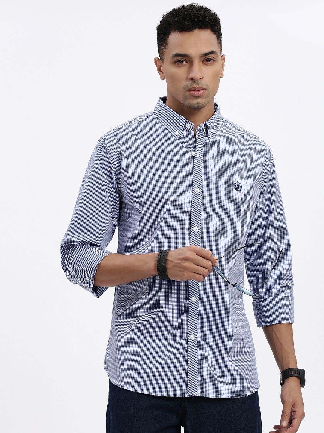

SHOWOFF Men Standard Button-Down Collar Micro Checked Cotton Slim Fit Casual Shirt, Blue