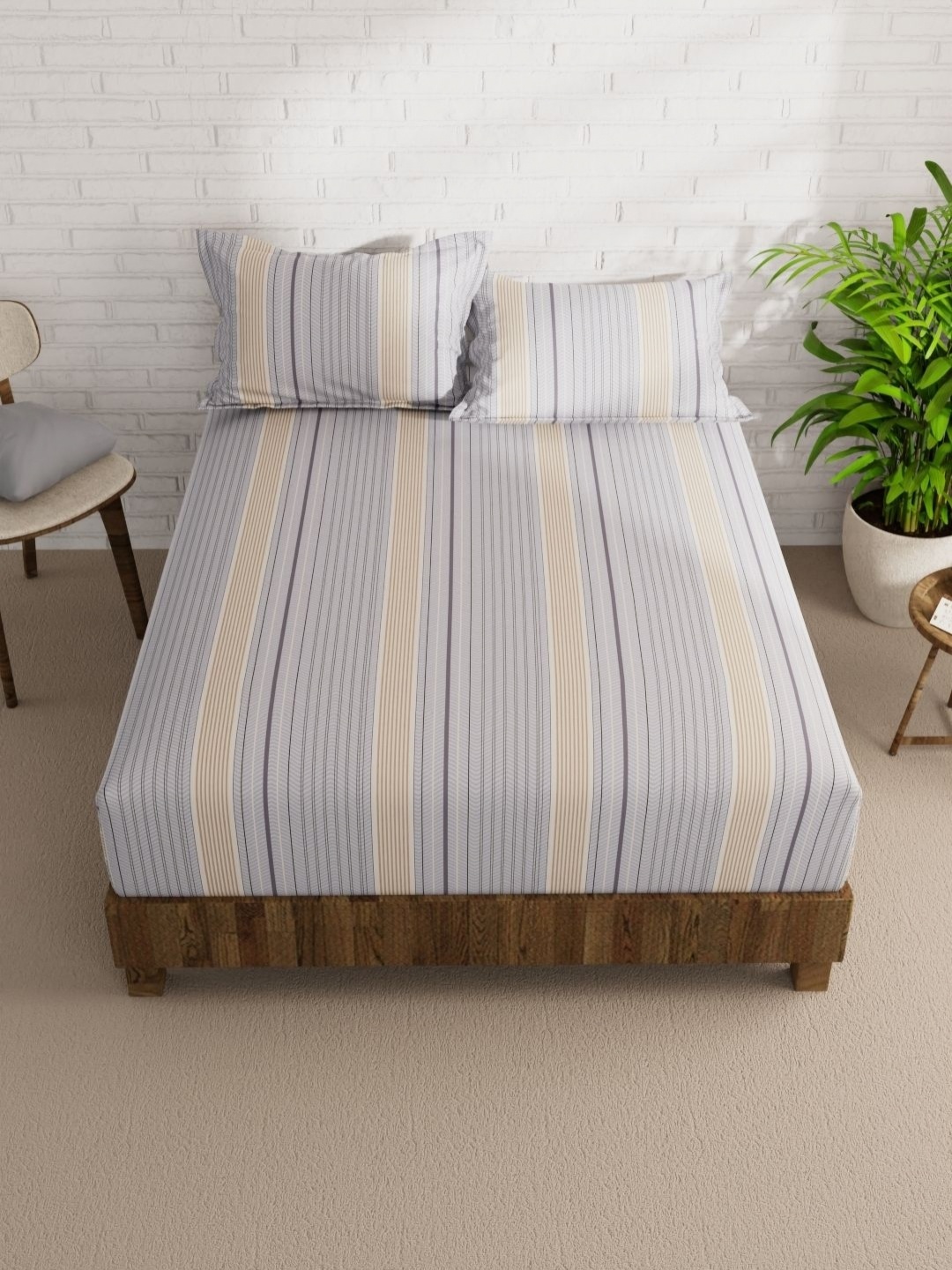 

KOPA Envogue Grey & White Striped 152 TC Cotton Queen Bedsheet With 2 Pillow Covers
