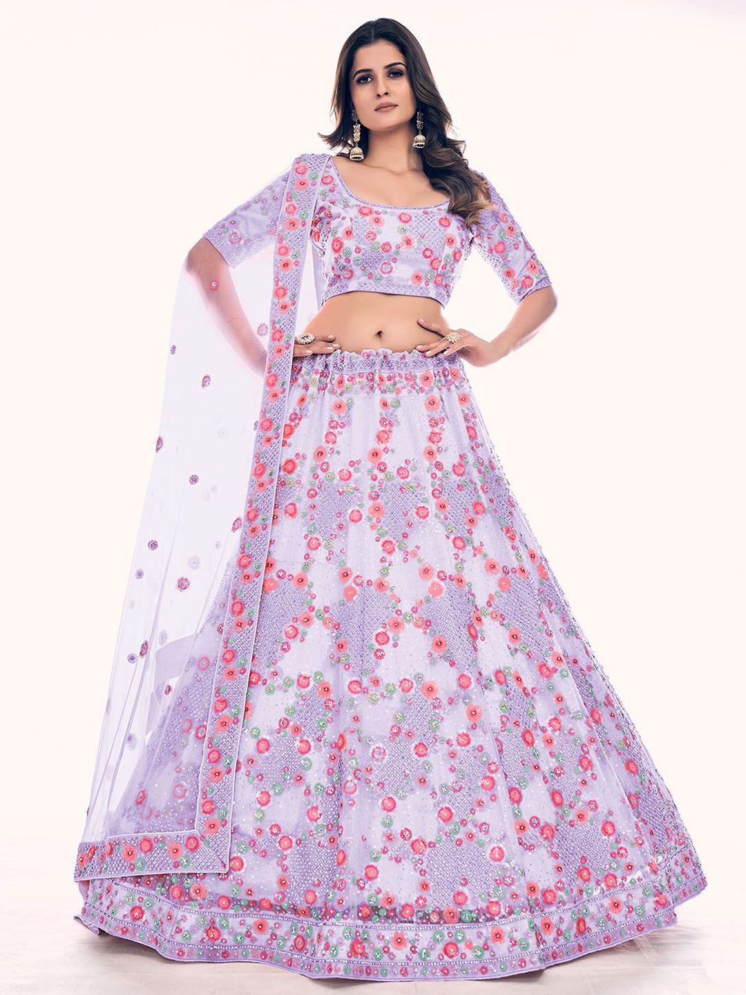 

ODETTE Floral Embroidered Sequinned Semi-Stitched Lehenga & Blouse With Dupatta, Lavender