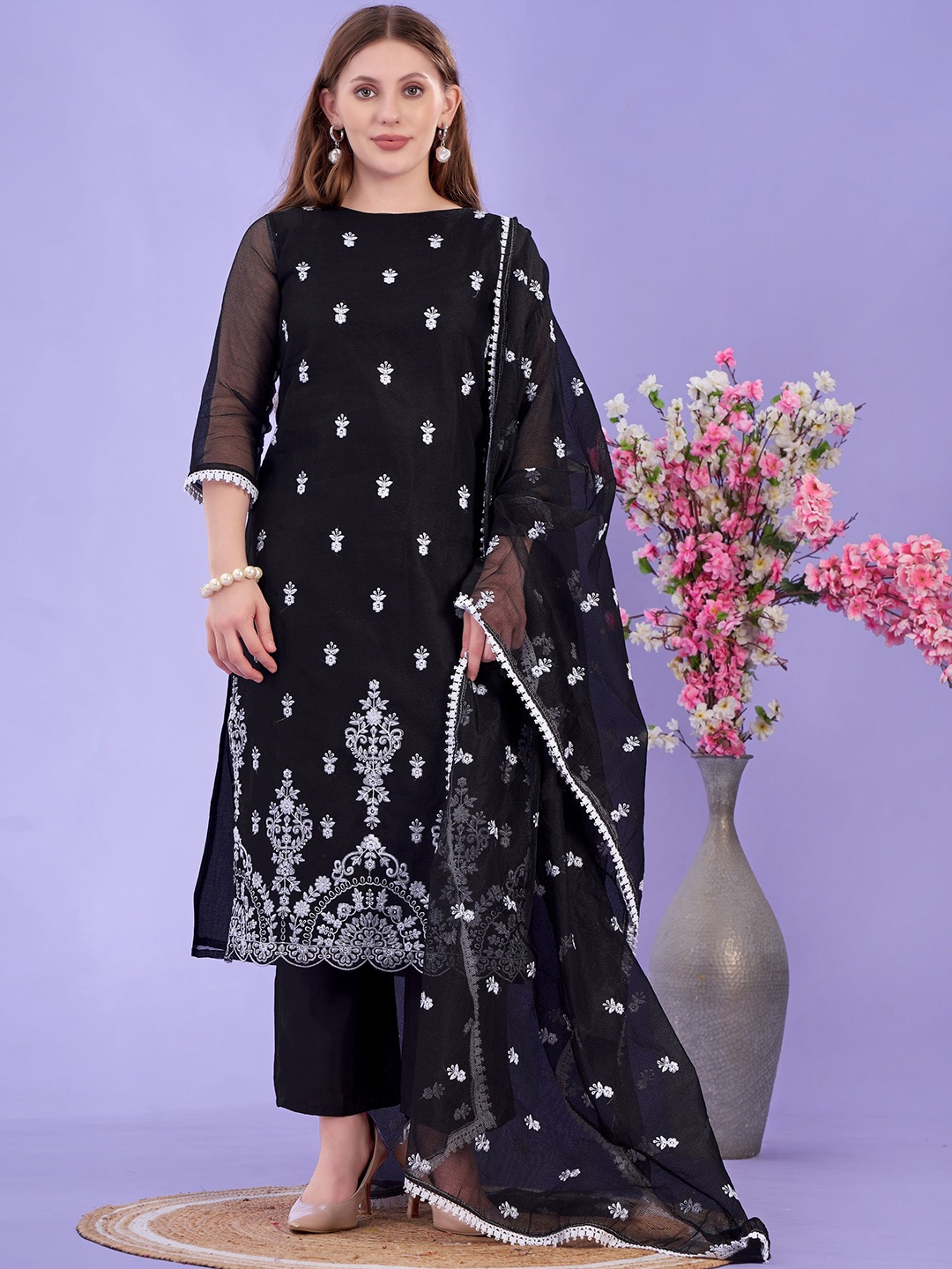 

HERE&NOW Ethnic Motifs Embroidered Thread Work Net Straight Kurta With Trouser & Dupatta, Black