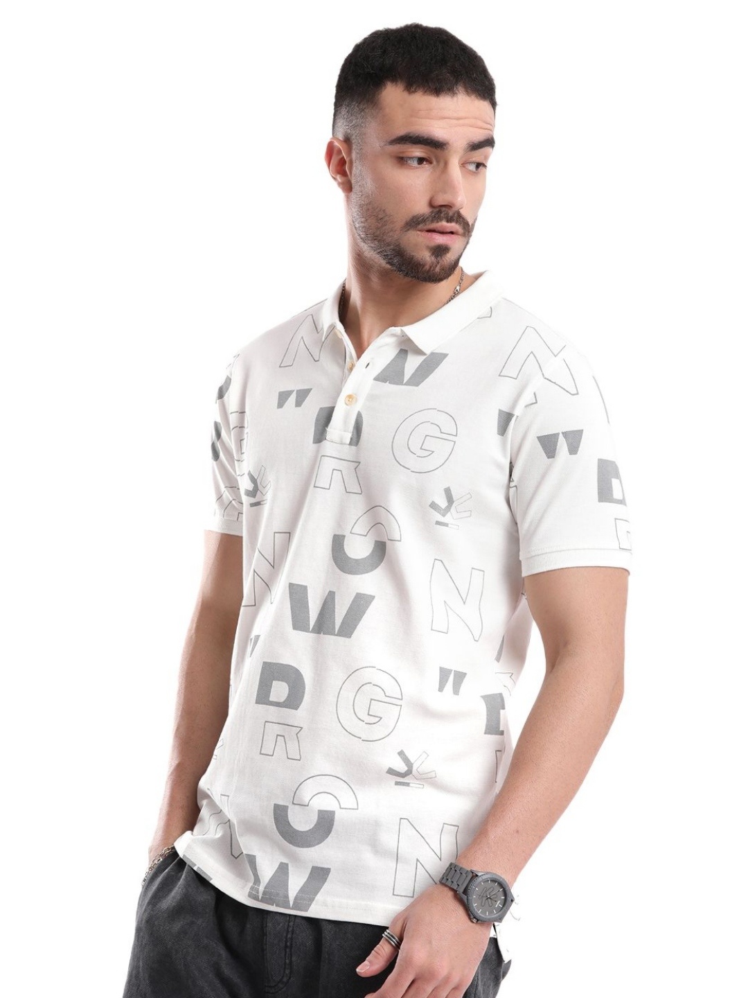 

WROGN Men Typography Printed Polo Collar Pure Cotton T-shirt, White